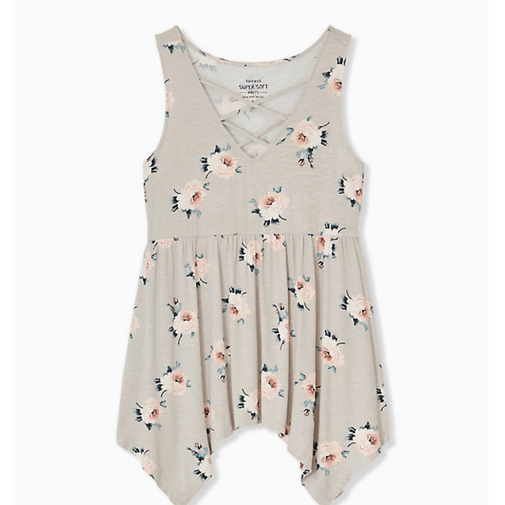 SUPER SOFT TAUPE FLORAL HANDKERCHIEF BABYDOLL TANK